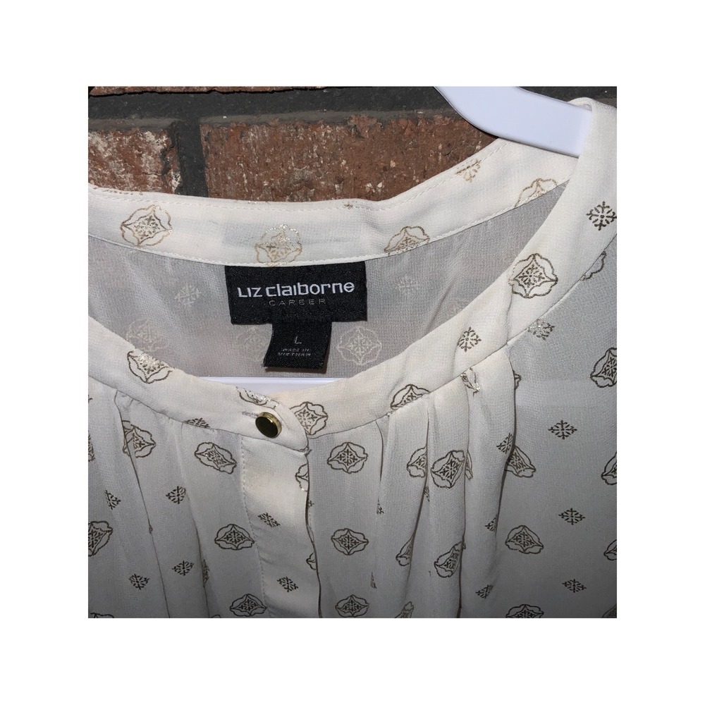 Liz Claiborne Career White Gold Foil Medallion Sheer Button Front Blouse L - Picture 3 of 4